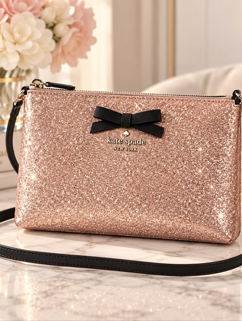 Kate Spade New York Mavis Street Glitter Crossbody – Rose Gold & Black Bow